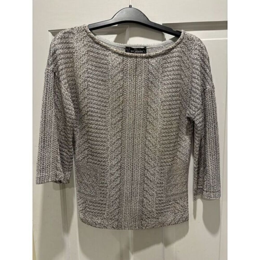 St. John Santana Knit Boat-Neck Textured‎ Sweater Cable-Print Metallic Gray sz P